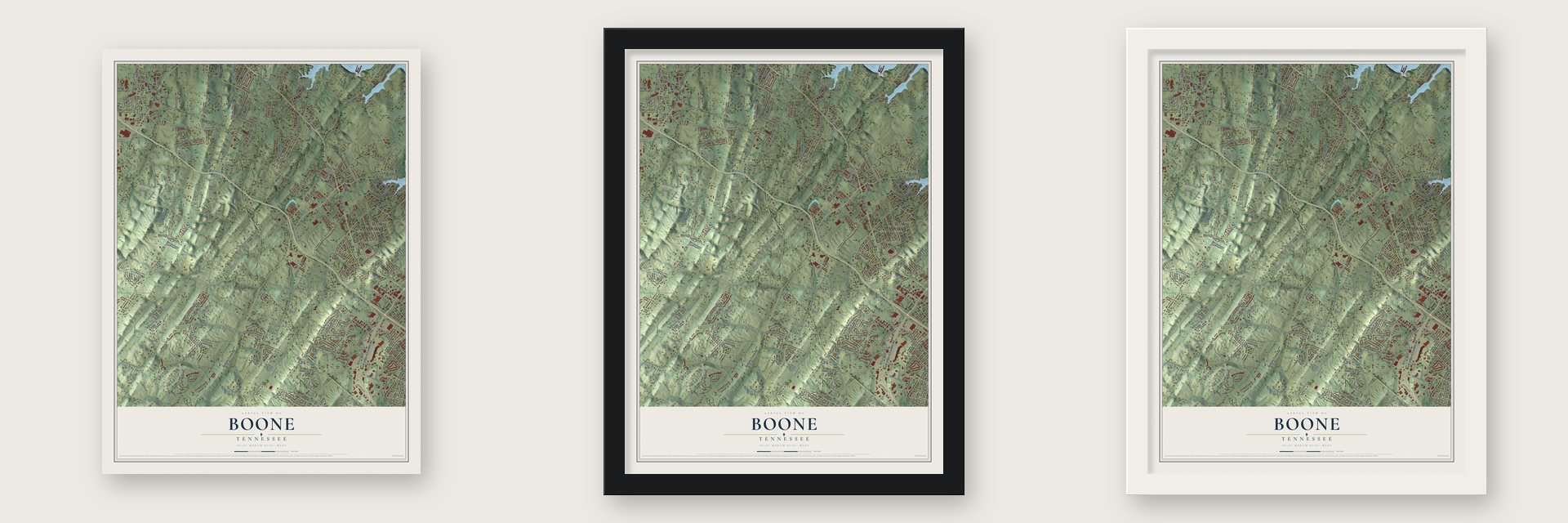 Boone, Tennessee map unframed, in a black wood frame and in a white wood frame