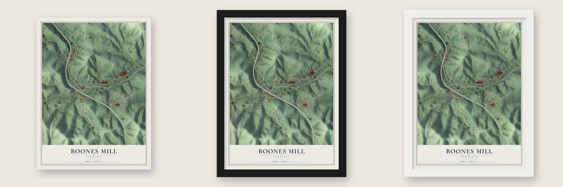 Boones Mill, Virginia map unframed, in a black wood frame and in a white wood frame