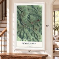 Boones Mill, Virginia map, 24 x 36 inch print in a white frame by a staircase