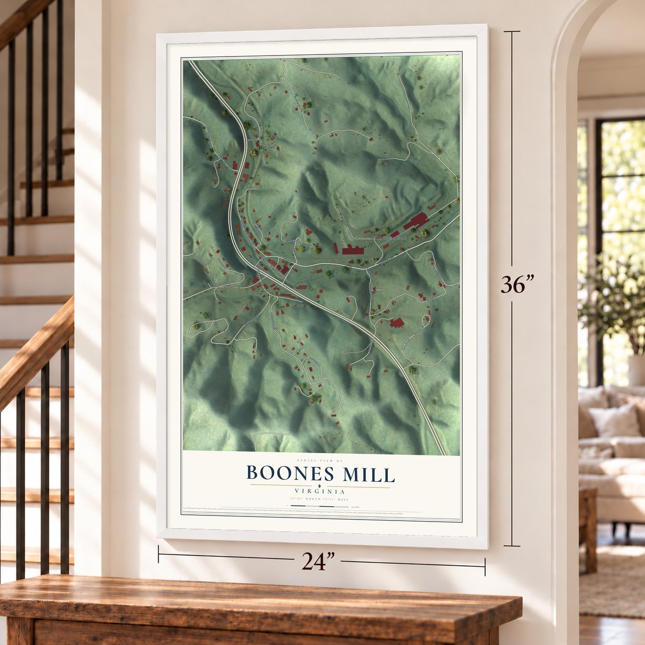 Boones Mill, Virginia map, 24 x 36 inch print in a white frame by a staircase