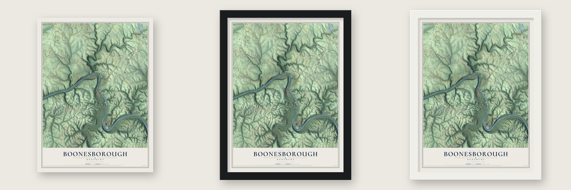 Boonesborough, Kentucky map unframed, in a black wood frame and in a white wood frame