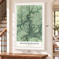 Boonesborough, Kentucky map, 24 x 36 inch print in a white frame by a staircase