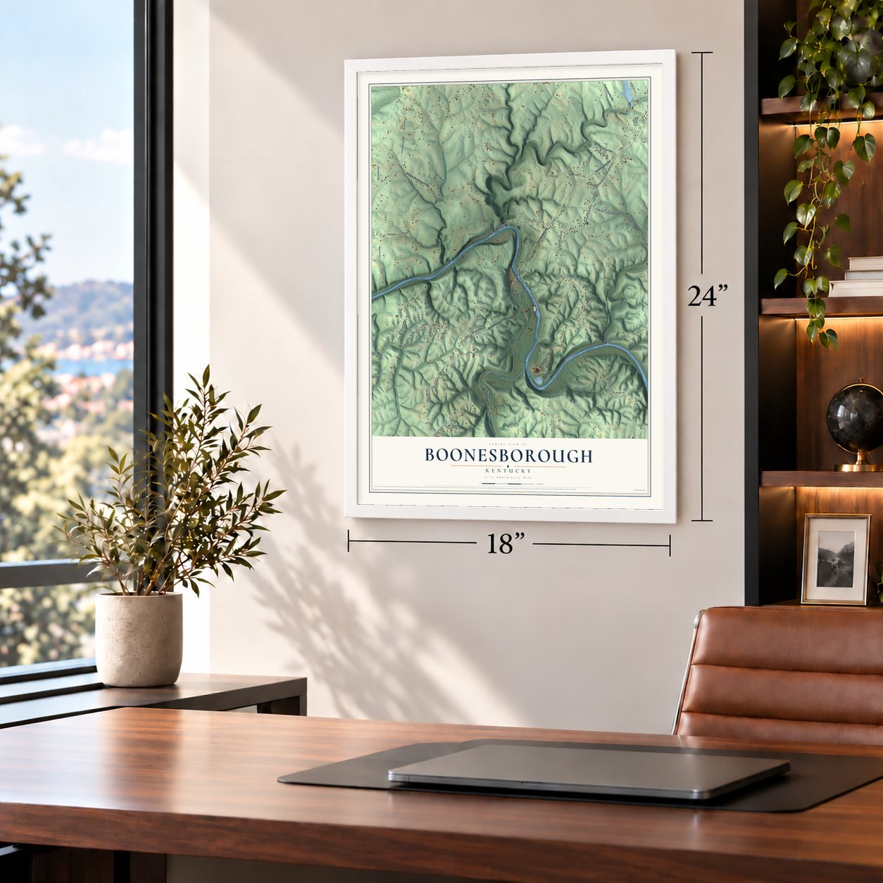 Boonesborough, Kentucky map, 18 x 24 inch print in a white frame in a home office