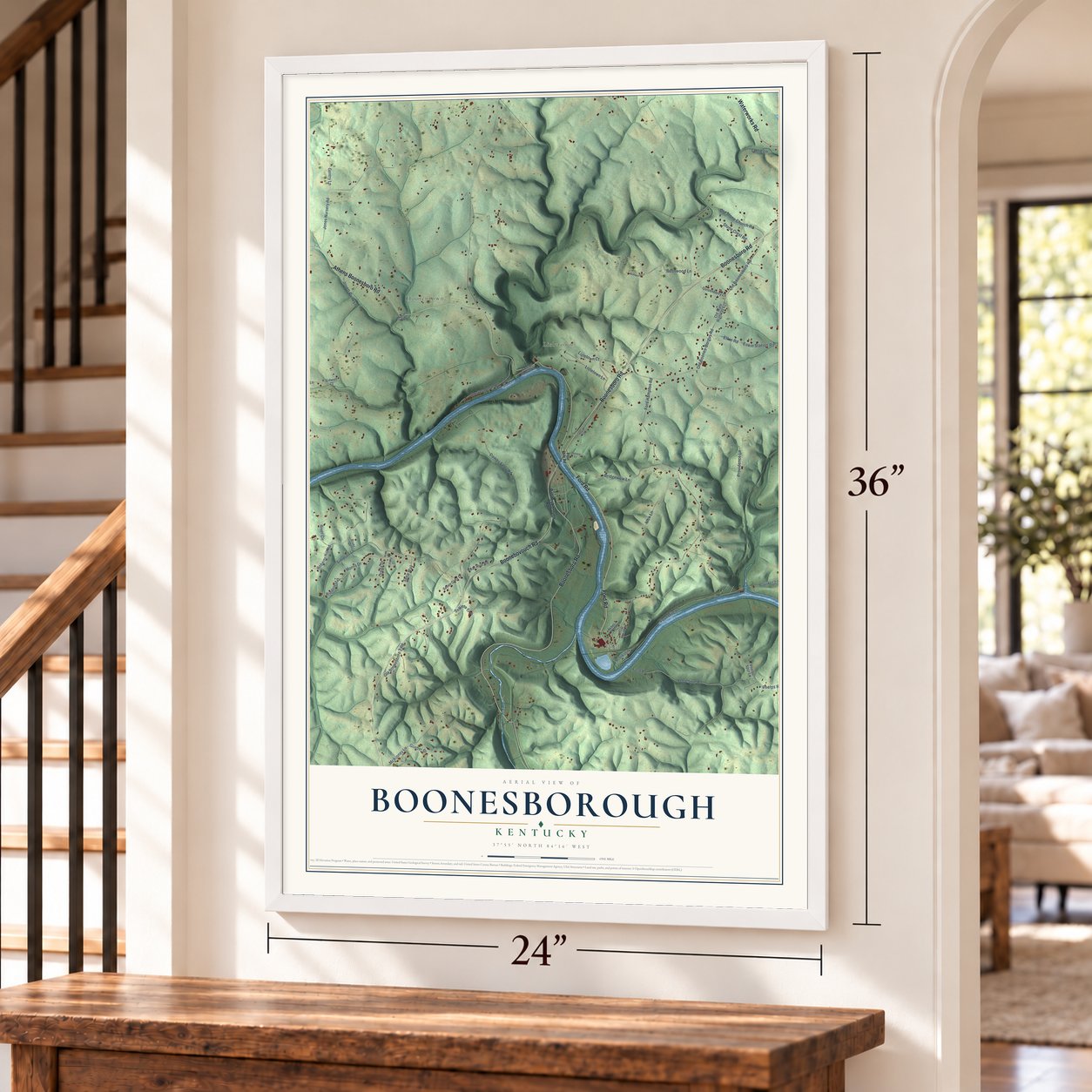 Boonesborough, Kentucky map, 24 x 36 inch print in a white frame by a staircase
