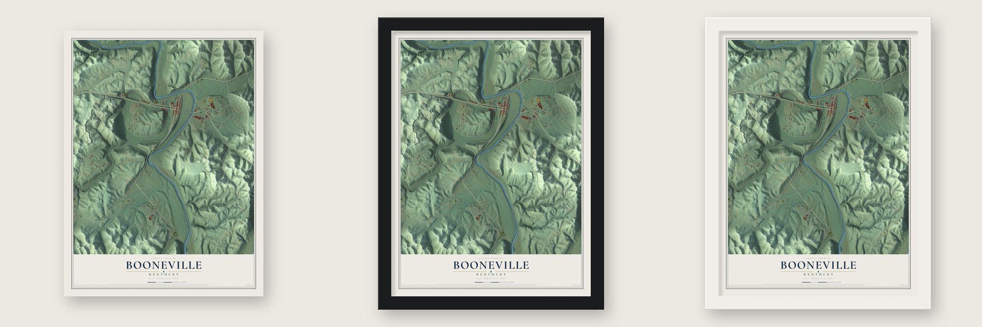 Booneville, Kentucky map unframed, in a black wood frame and in a white wood frame