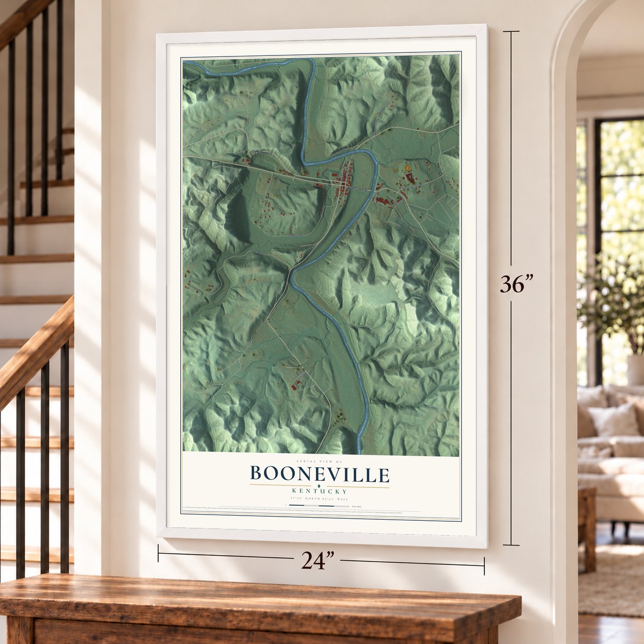 Booneville, Kentucky map, 24 x 36 inch print in a white frame by a staircase