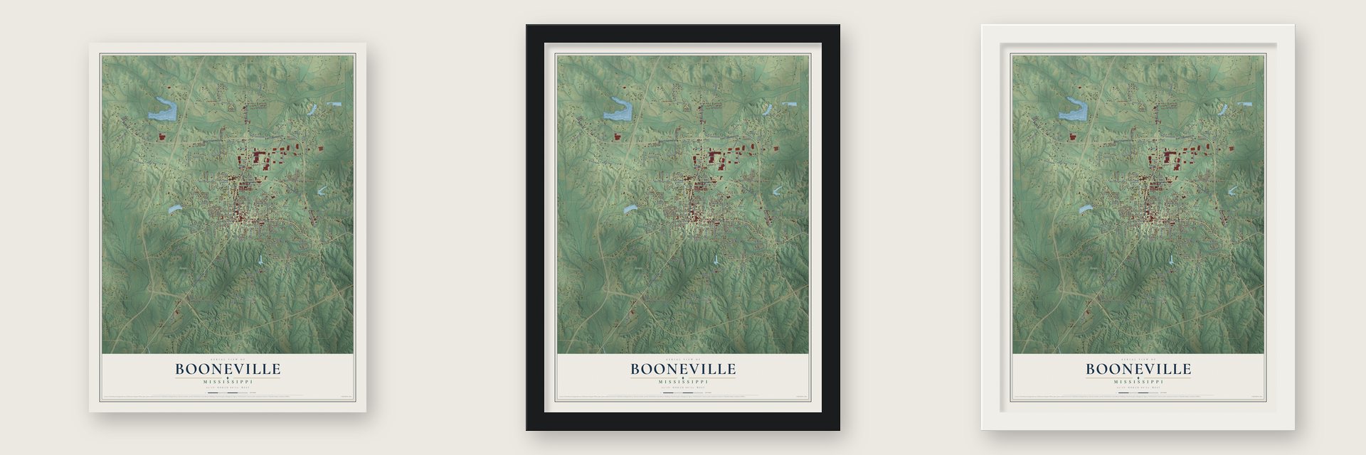 Booneville, Mississippi map unframed, in a black wood frame and in a white wood frame