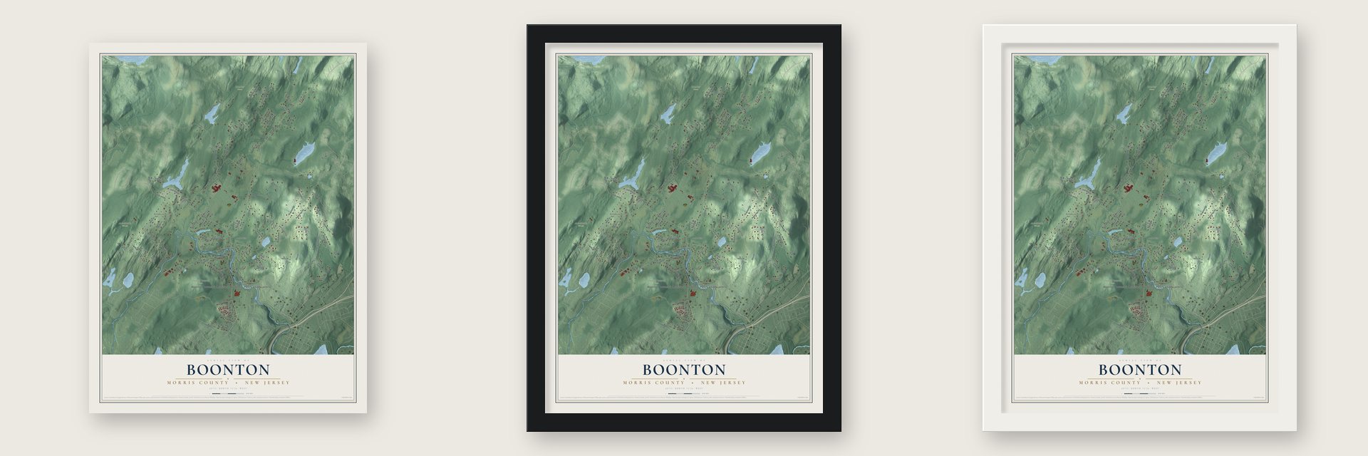 Boonton, Morris County, New Jersey map unframed, in a black wood frame and in a white wood frame