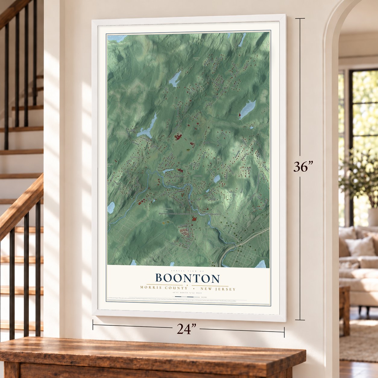 Boonton, Morris County, New Jersey map, 24 x 36 inch print in a white frame by a staircase
