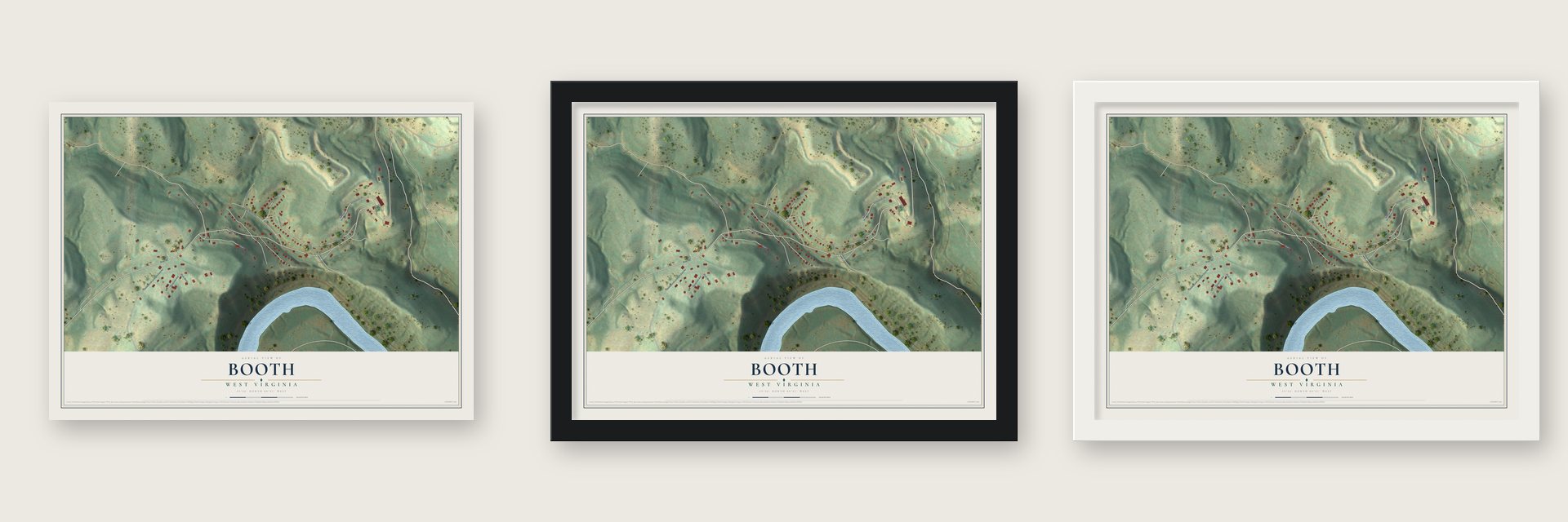 Booth, West Virginia map unframed, in a black wood frame and in a white wood frame
