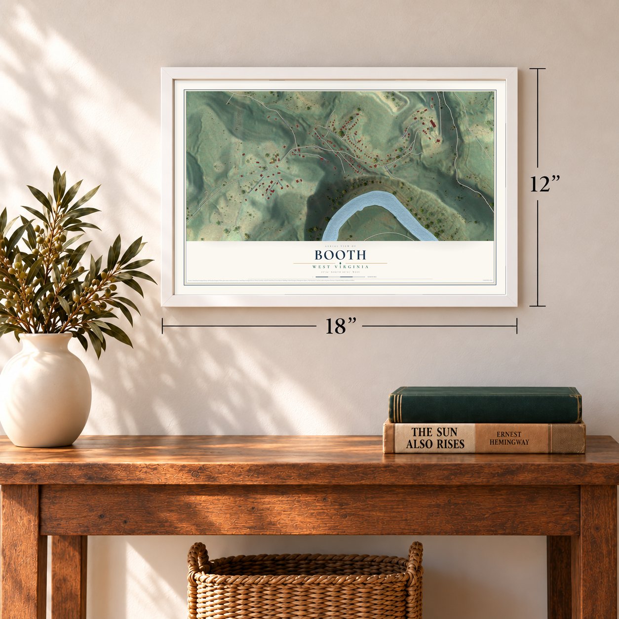 Booth, West Virginia map, 12 x 18 inch print in a white frame in an entryway