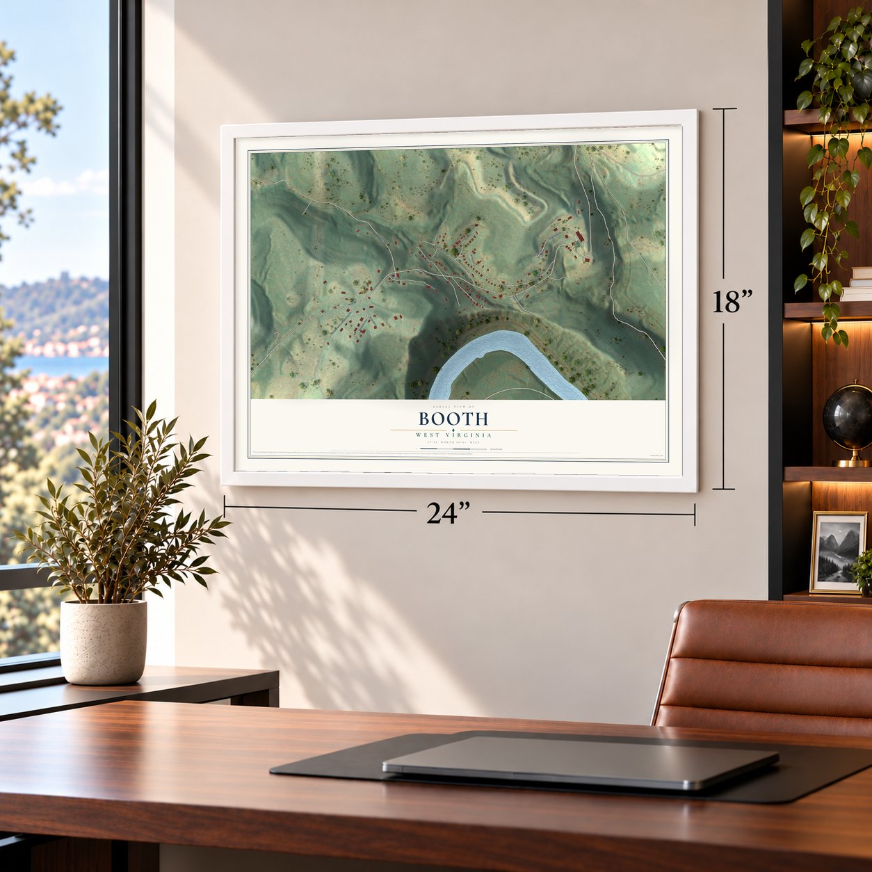 Booth, West Virginia map, 18 x 24 inch print in a white frame in a home office