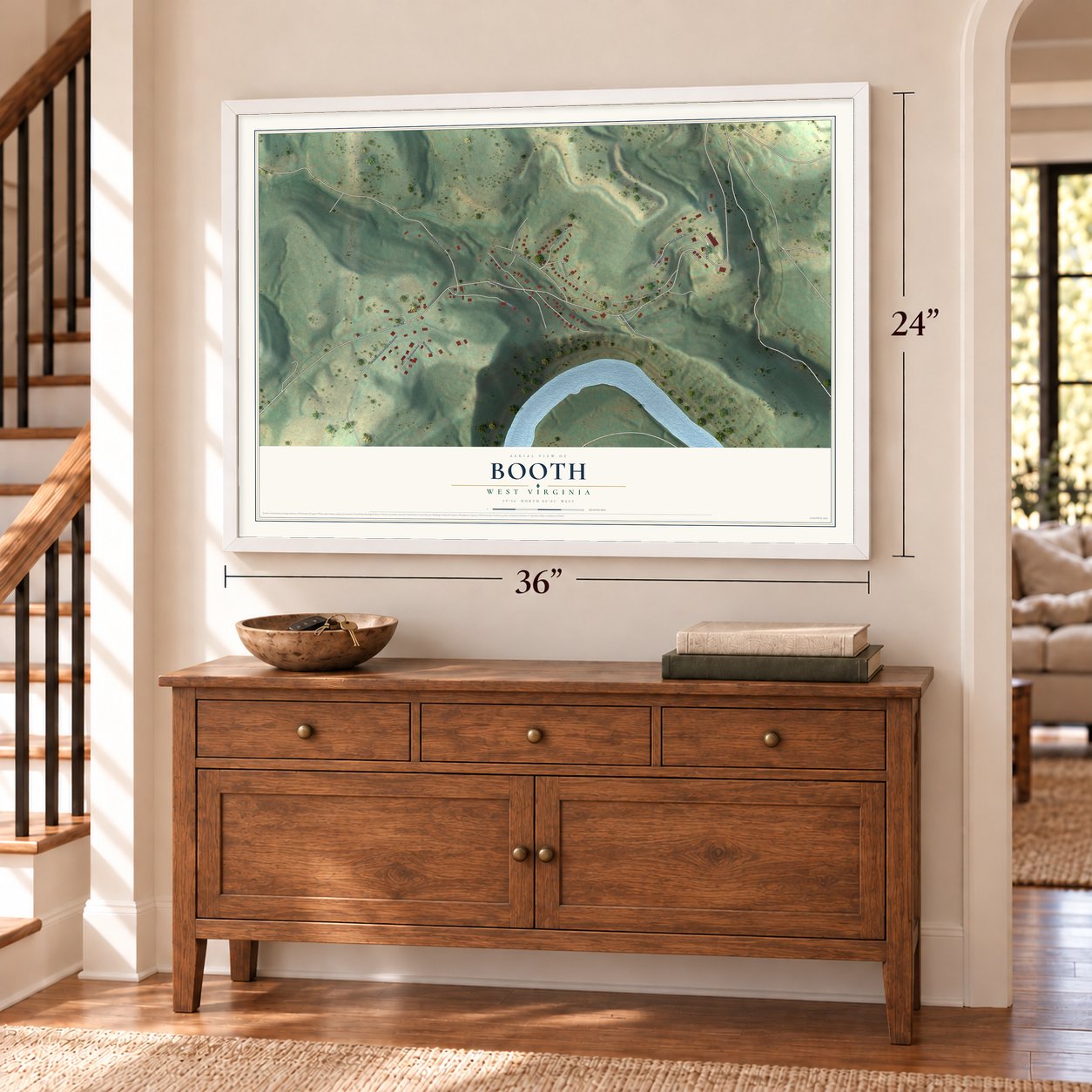 Booth, West Virginia map, 24 x 36 inch print in a white frame above a dresser by a staircase