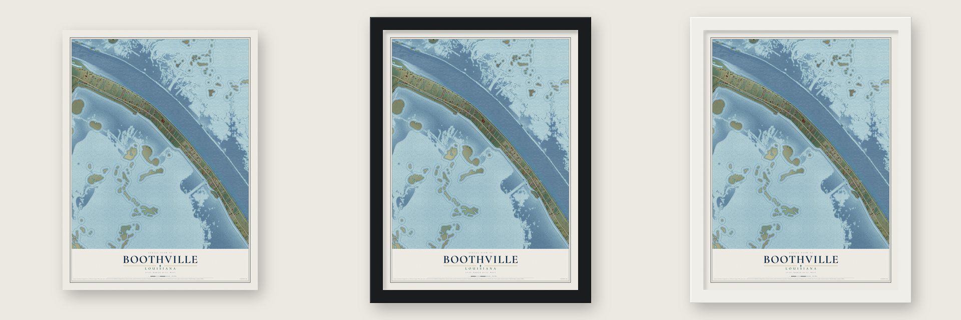 Boothville, Louisiana map unframed, in a black wood frame and in a white wood frame