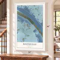 Boothville, Louisiana map, 24 x 36 inch print in a white frame by a staircase