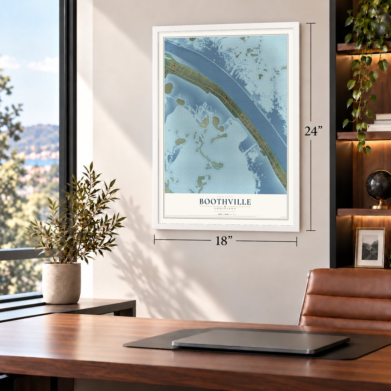 Boothville, Louisiana map, 18 x 24 inch print in a white frame in a home office