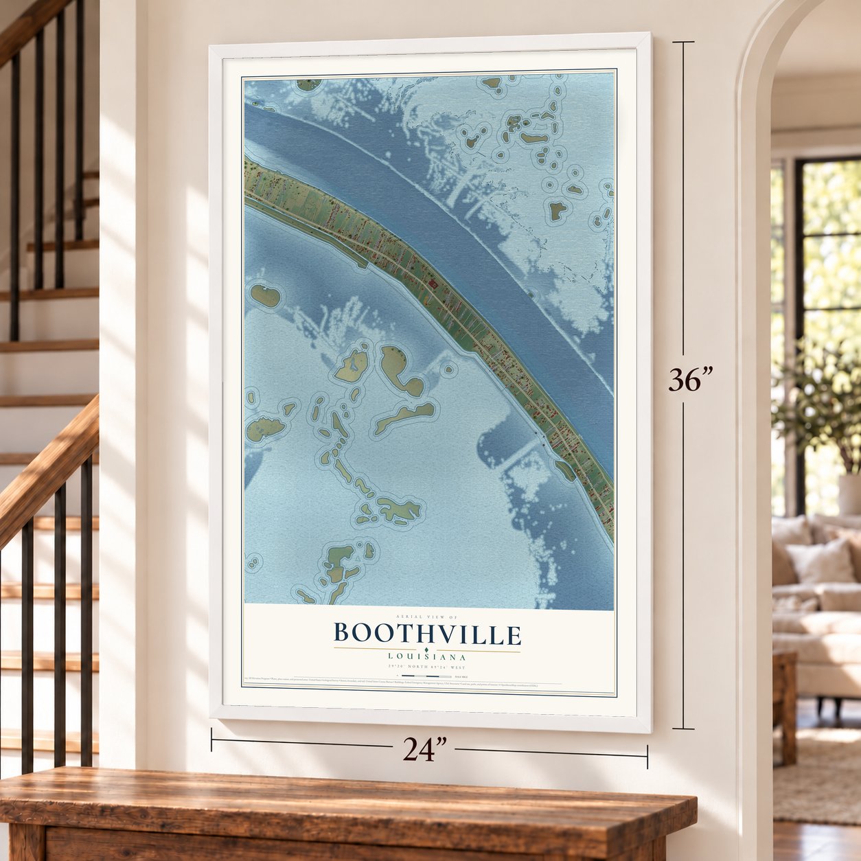 Boothville, Louisiana map, 24 x 36 inch print in a white frame by a staircase