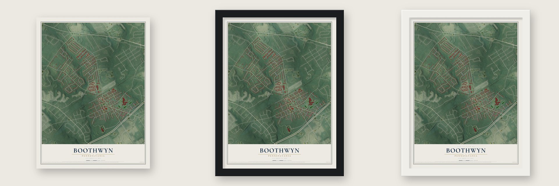 Boothwyn, Pennsylvania map unframed, in a black wood frame and in a white wood frame
