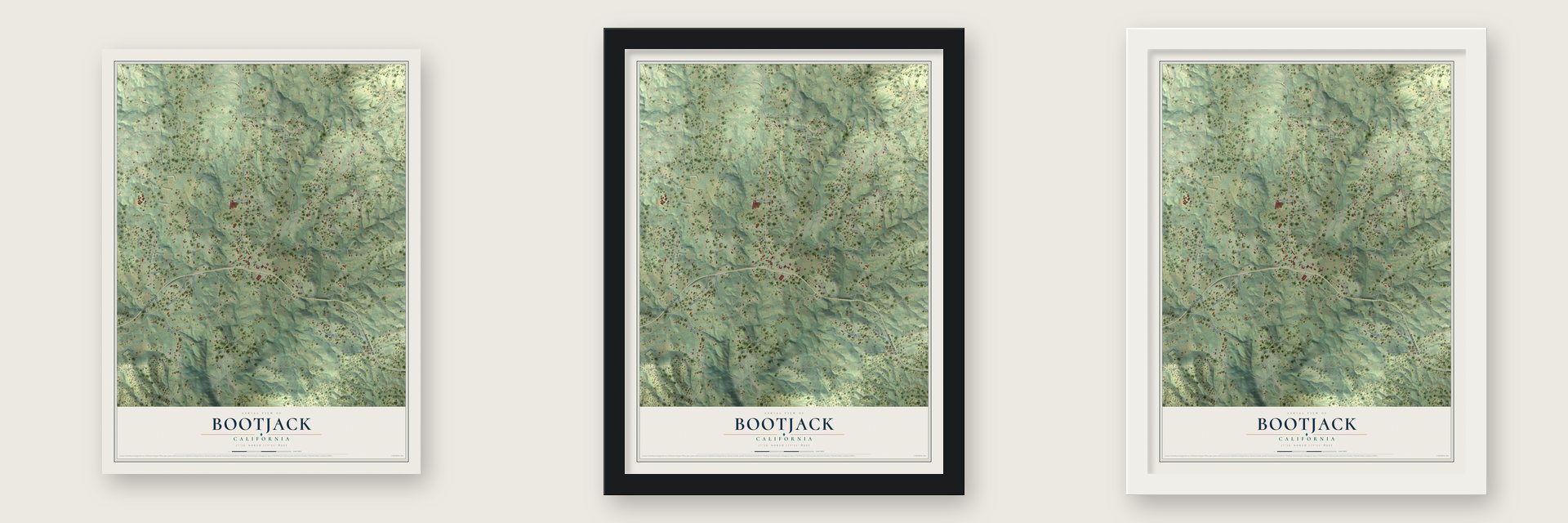 Bootjack, California map unframed, in a black wood frame and in a white wood frame