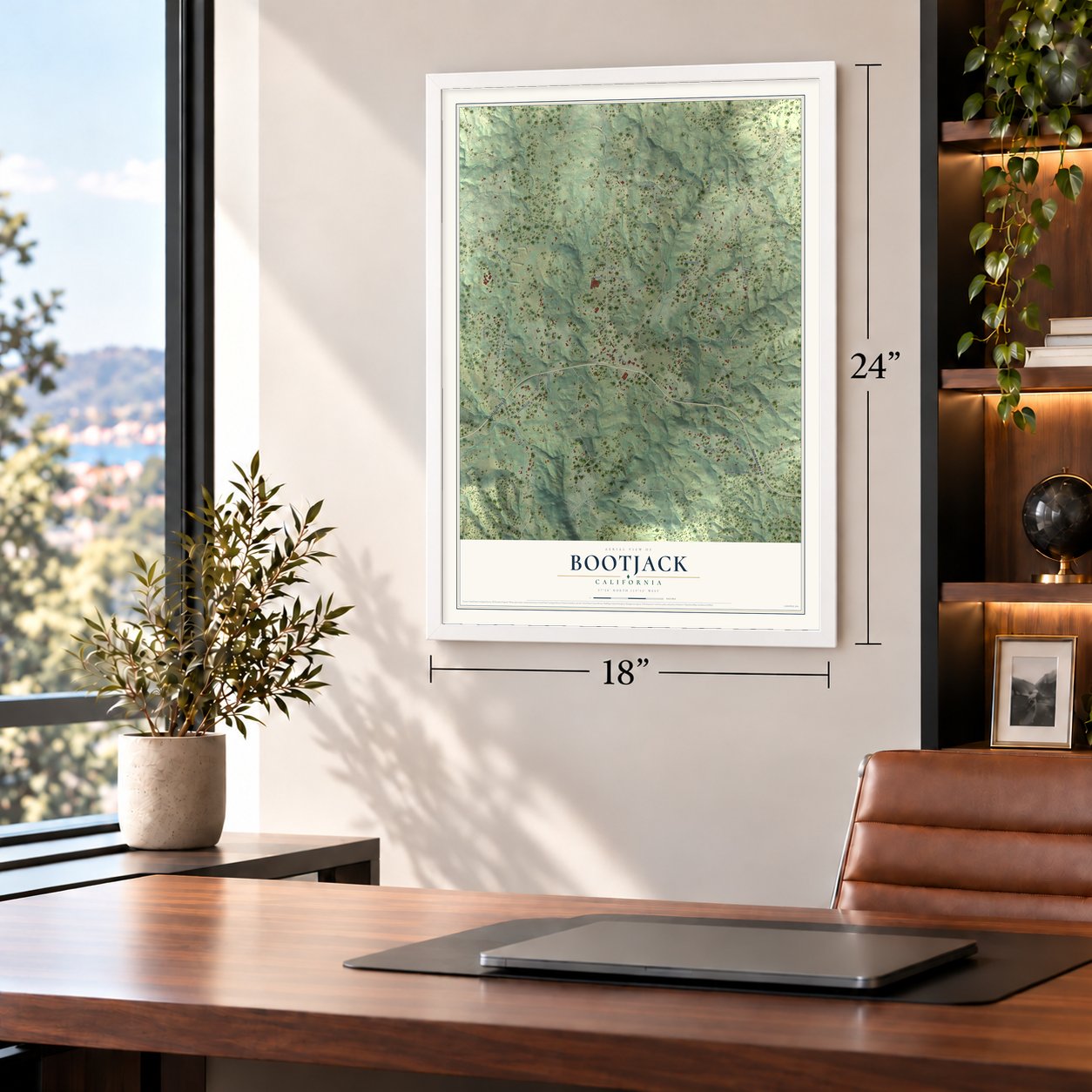 Bootjack, California map, 18 x 24 inch print in a white frame in a home office