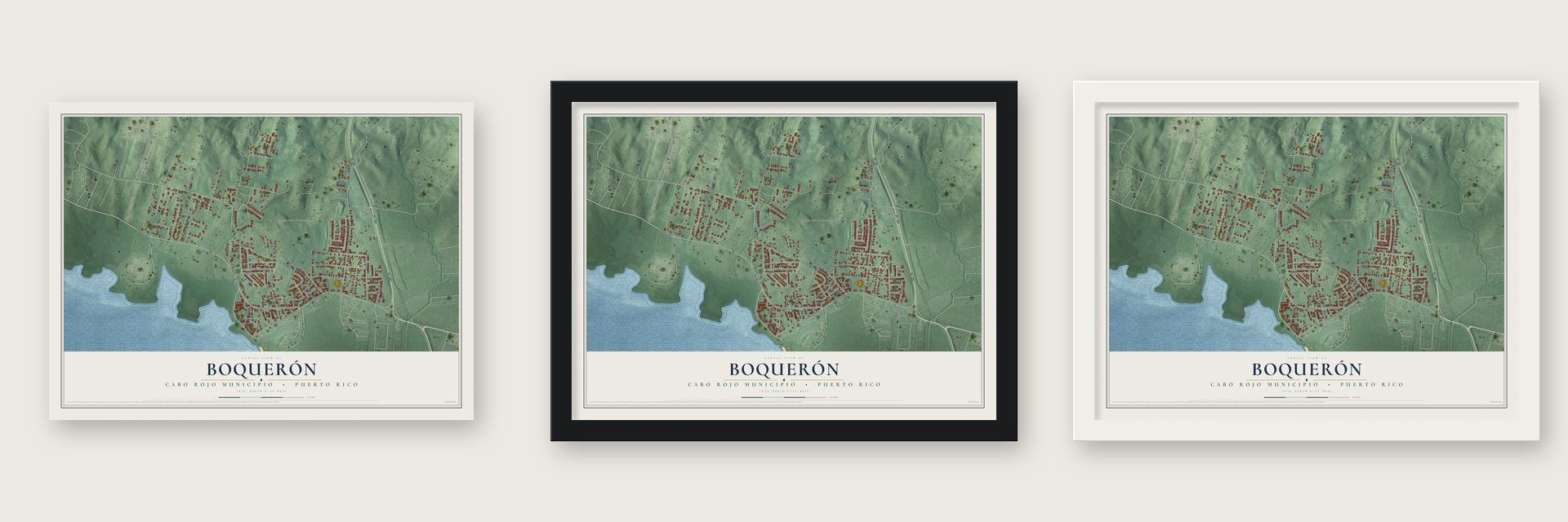 Boquerón, Puerto Rico map unframed, in a black wood frame and in a white wood frame