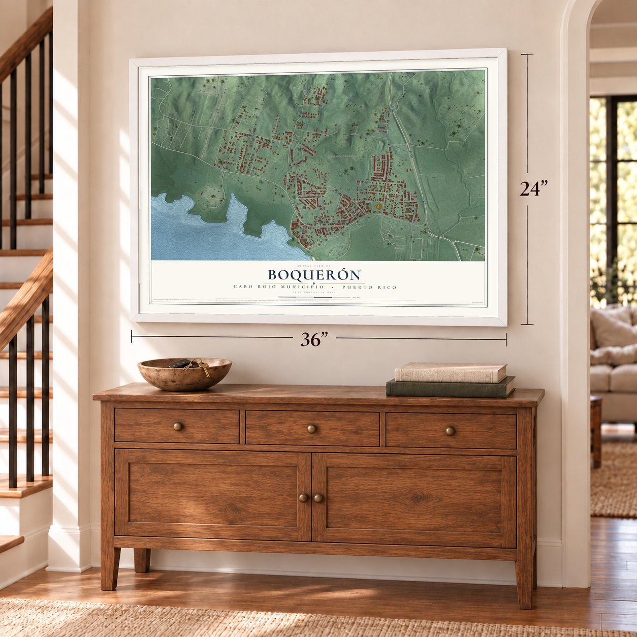 Boquerón, Puerto Rico map, 24 x 36 inch print in a white frame above a dresser by a staircase