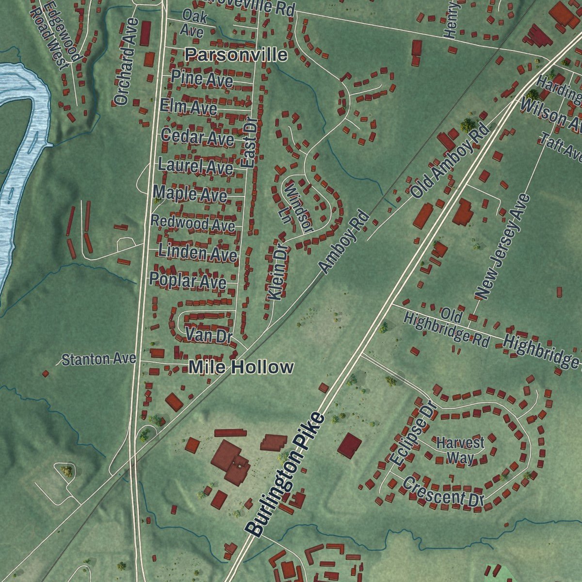 Second close-up of the map of Bordentown, Burlington County, New Jersey print showing more streets and buildings