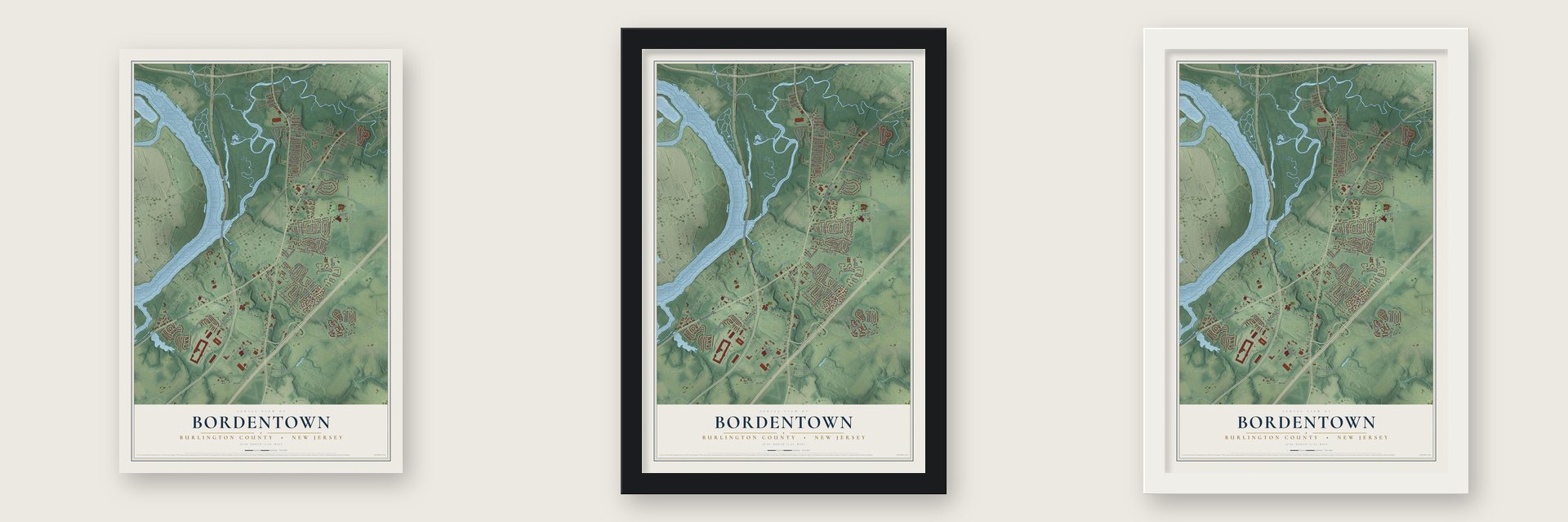 Bordentown, Burlington County, New Jersey map unframed, in a black wood frame and in a white wood frame