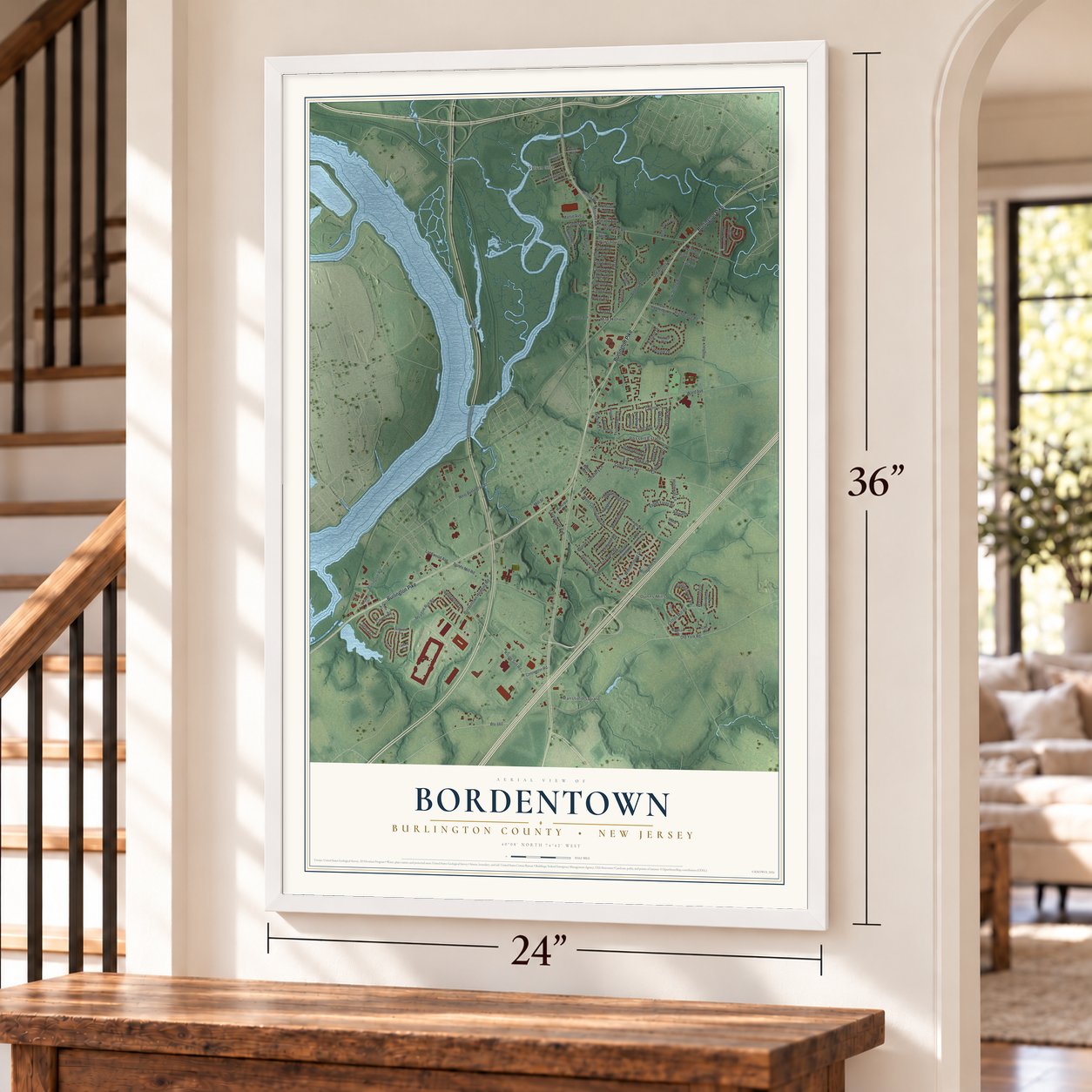 Bordentown, Burlington County, New Jersey map, 24 x 36 inch print in a white frame by a staircase