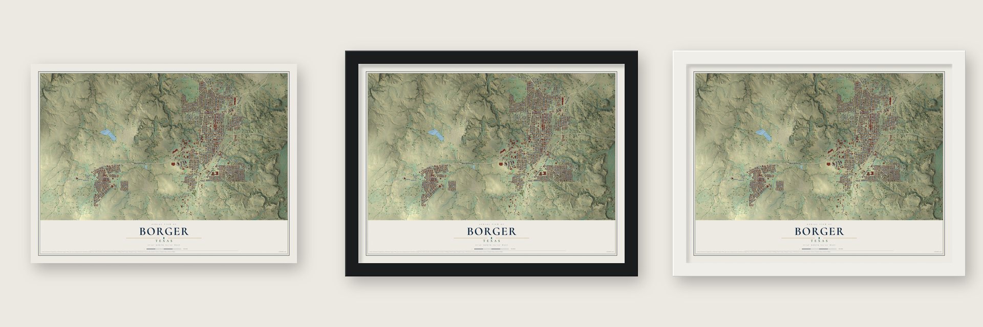 Borger, Texas map unframed, in a black wood frame and in a white wood frame