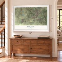 Borger, Texas map, 24 x 36 inch print in a white frame above a dresser by a staircase