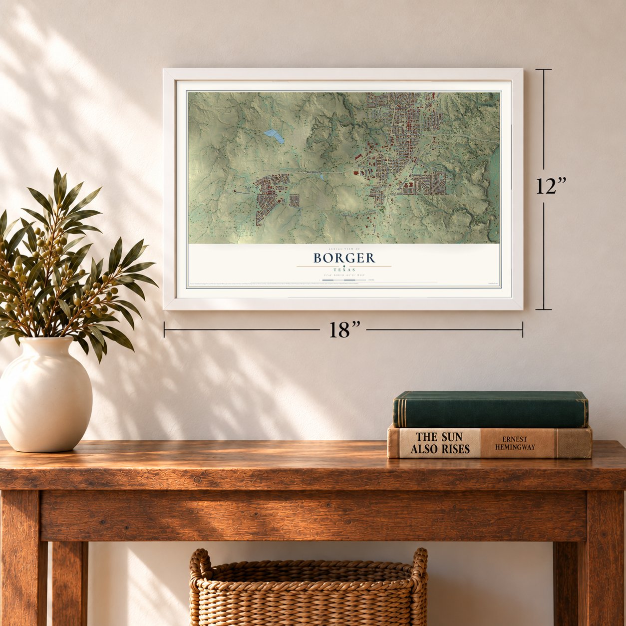 Borger, Texas map, 12 x 18 inch print in a white frame in an entryway