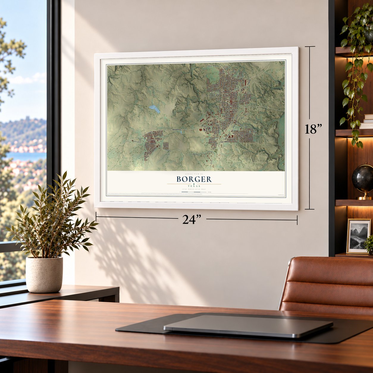 Borger, Texas map, 18 x 24 inch print in a white frame in a home office