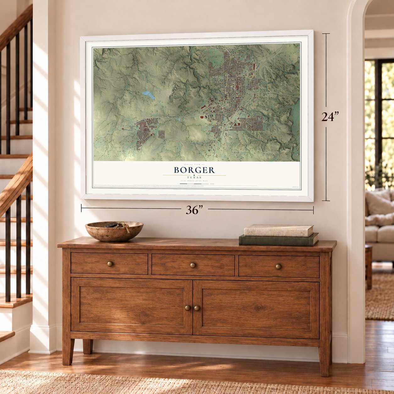 Borger, Texas map, 24 x 36 inch print in a white frame above a dresser by a staircase