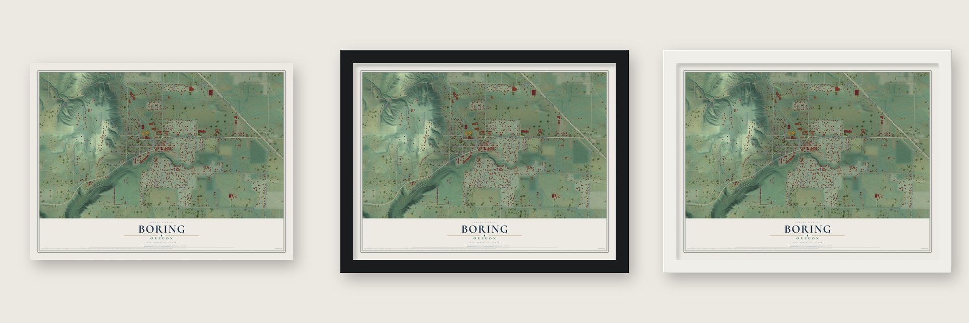 Boring, Oregon map unframed, in a black wood frame and in a white wood frame