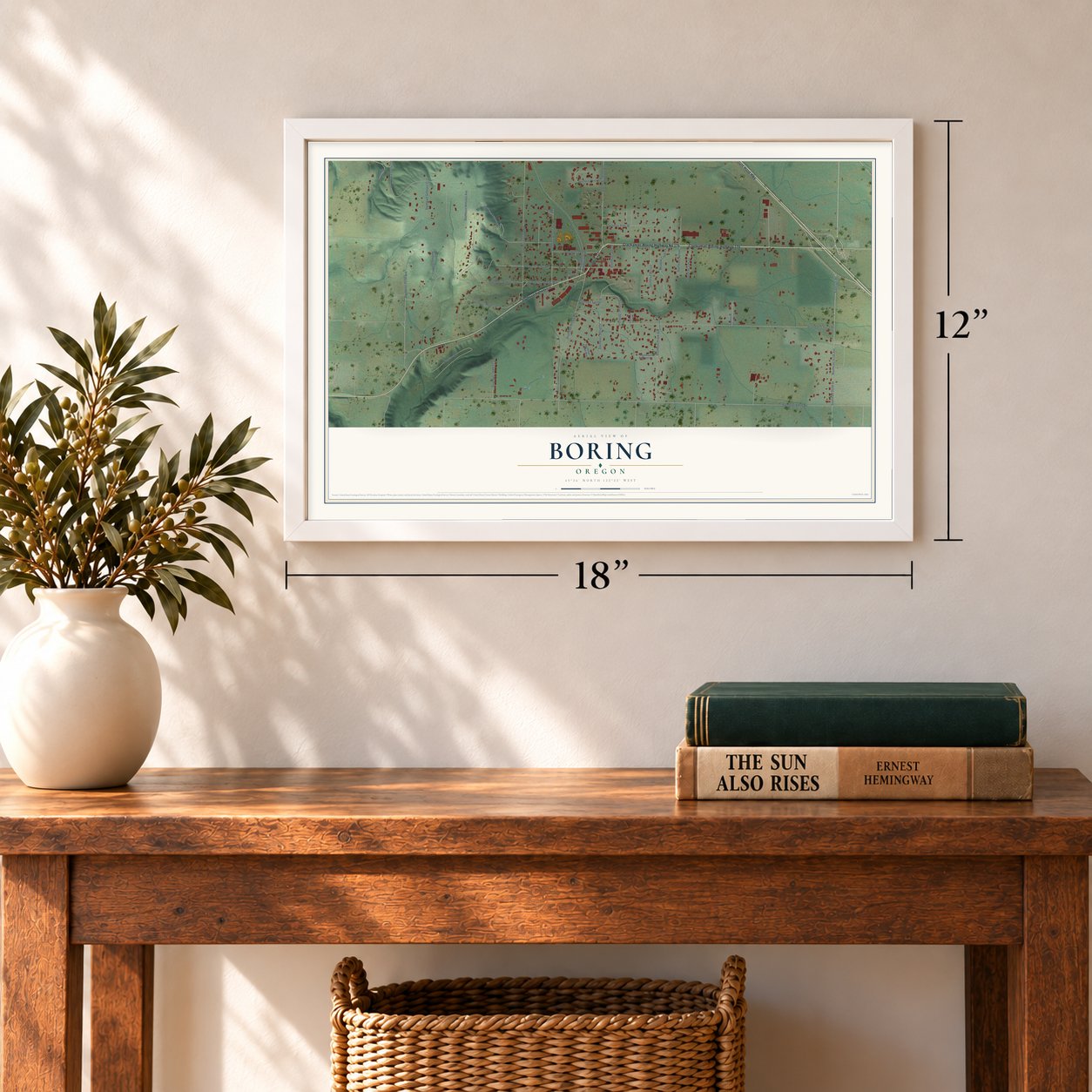 Boring, Oregon map, 12 x 18 inch print in a white frame in an entryway
