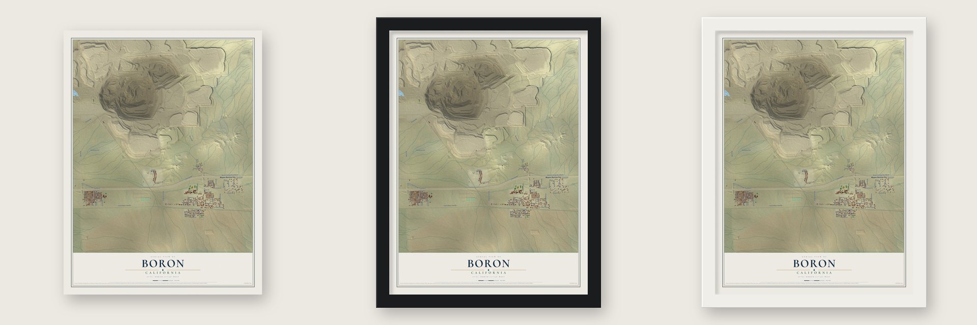 Boron, California map unframed, in a black wood frame and in a white wood frame