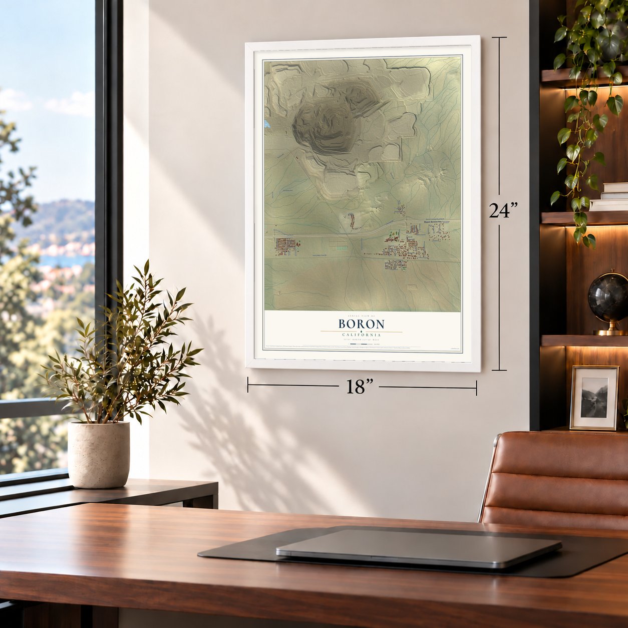 Boron, California map, 18 x 24 inch print in a white frame in a home office