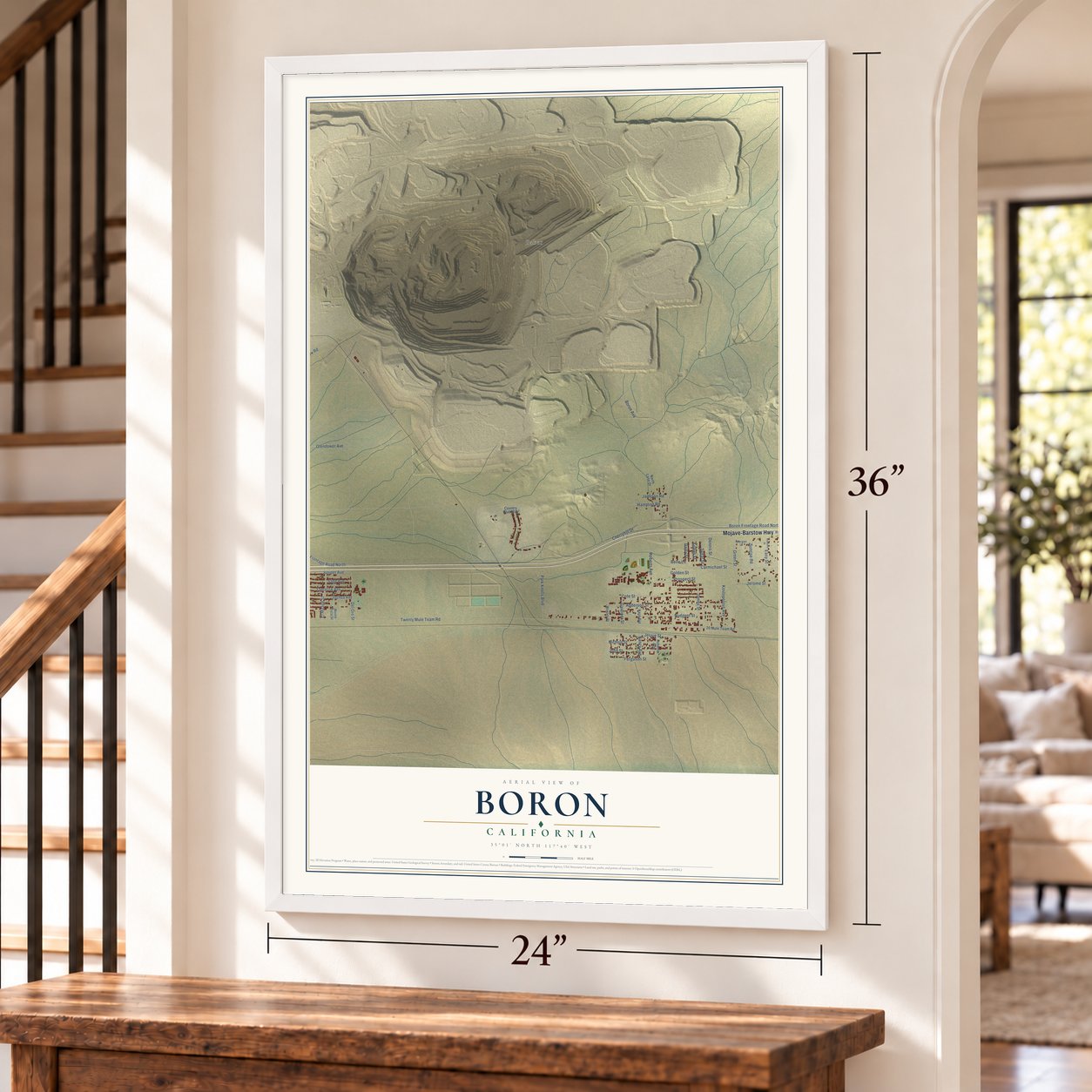 Boron, California map, 24 x 36 inch print in a white frame by a staircase