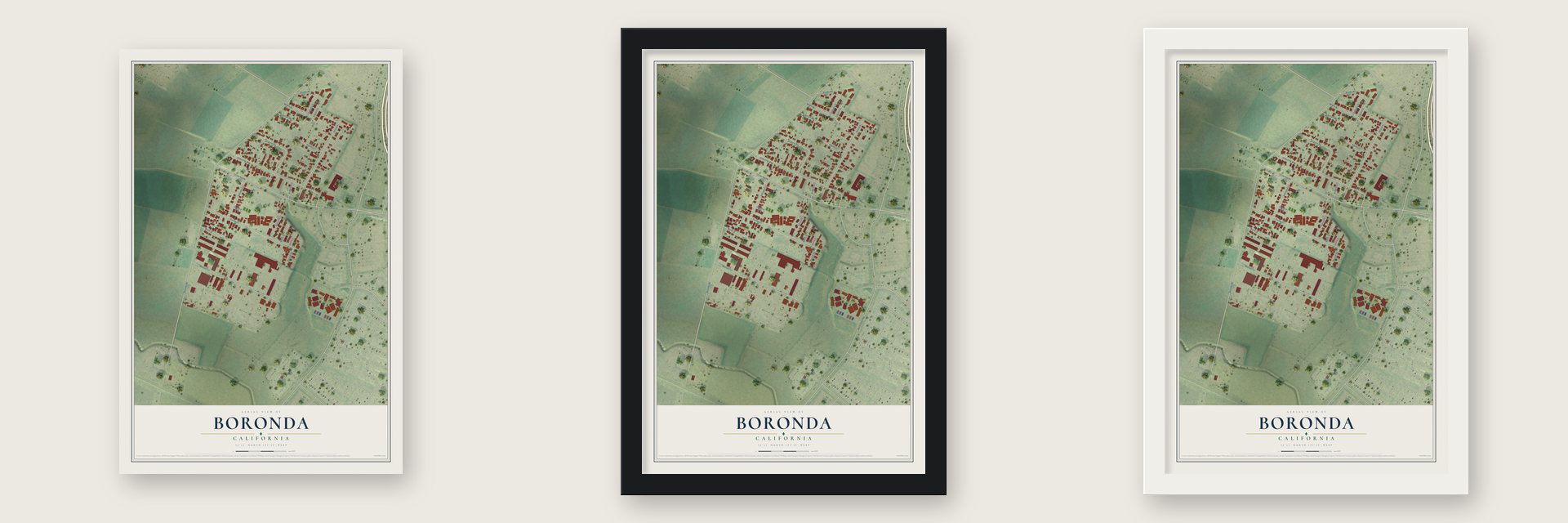Boronda, California map unframed, in a black wood frame and in a white wood frame