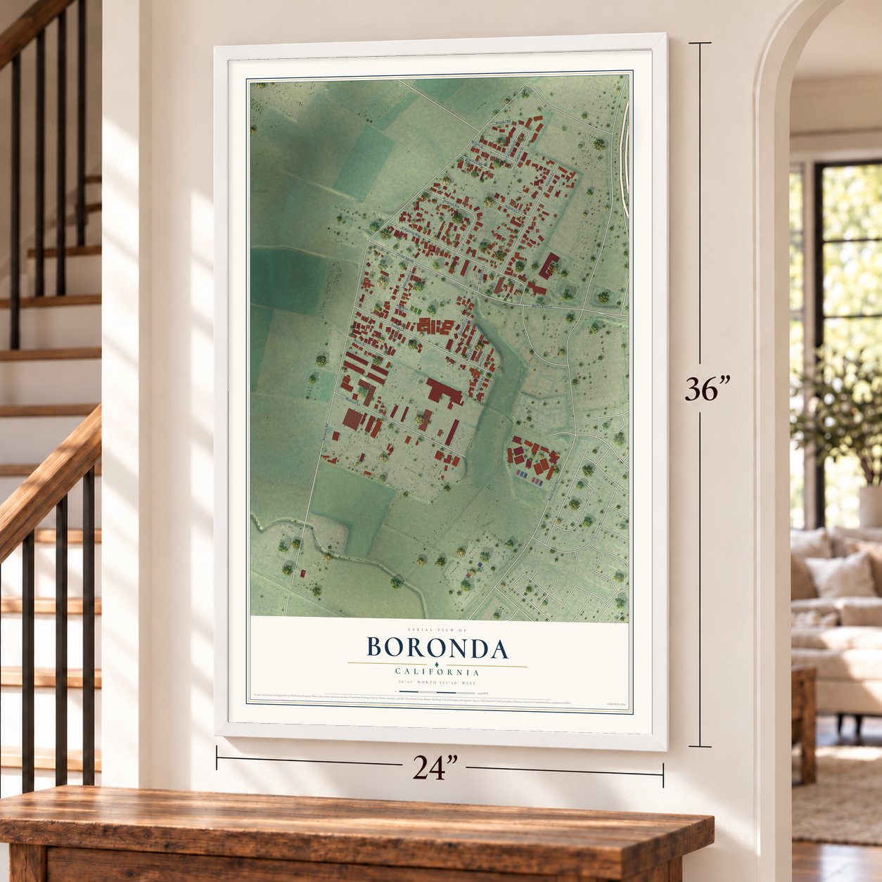 Boronda, California map, 24 x 36 inch print in a white frame by a staircase