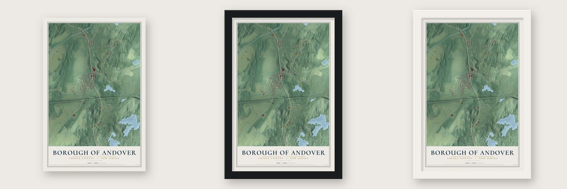 Borough of Andover, Sussex County, New Jersey map unframed, in a black wood frame and in a white wood frame