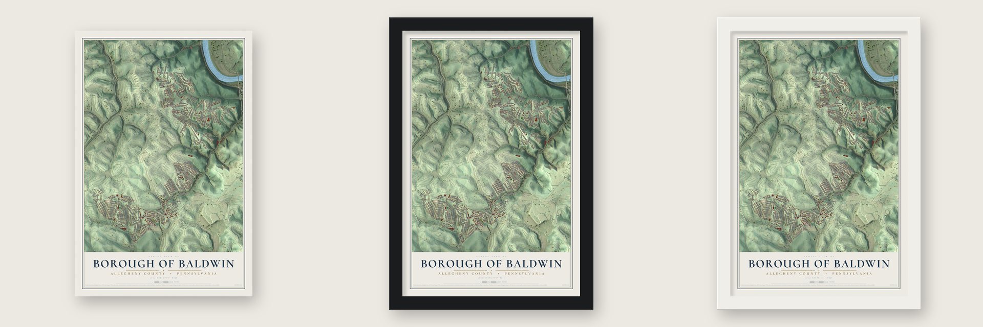 Borough of Baldwin, Allegheny County, Pennsylvania map unframed, in a black wood frame and in a white wood frame