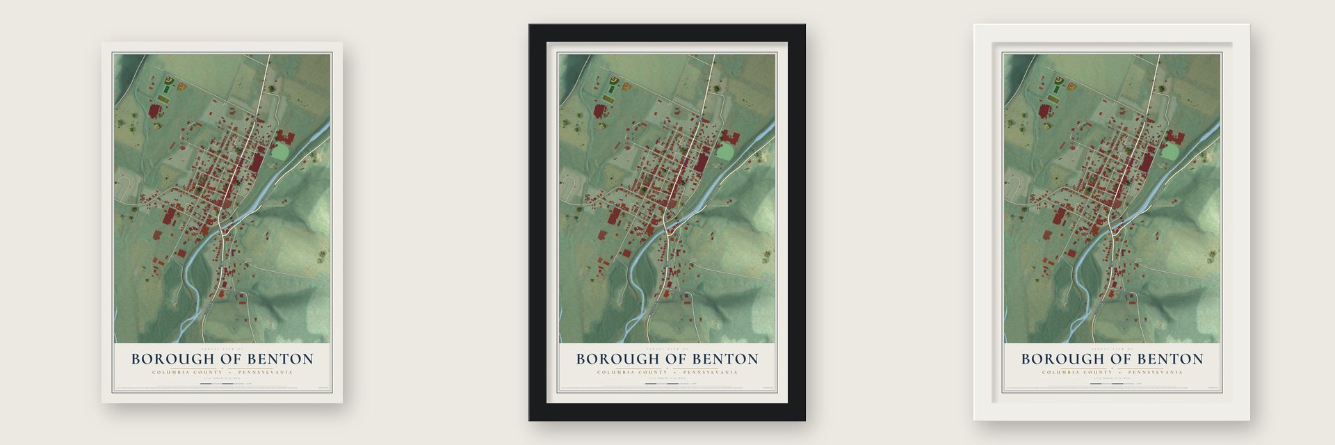 Borough of Benton, Columbia County, Pennsylvania map unframed, in a black wood frame and in a white wood frame