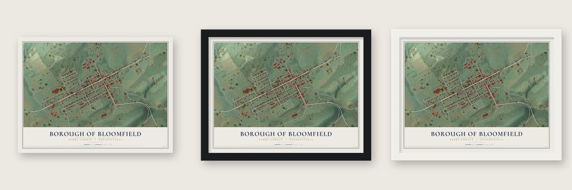 Borough of Bloomfield, Perry County, Pennsylvania map unframed, in a black wood frame and in a white wood frame