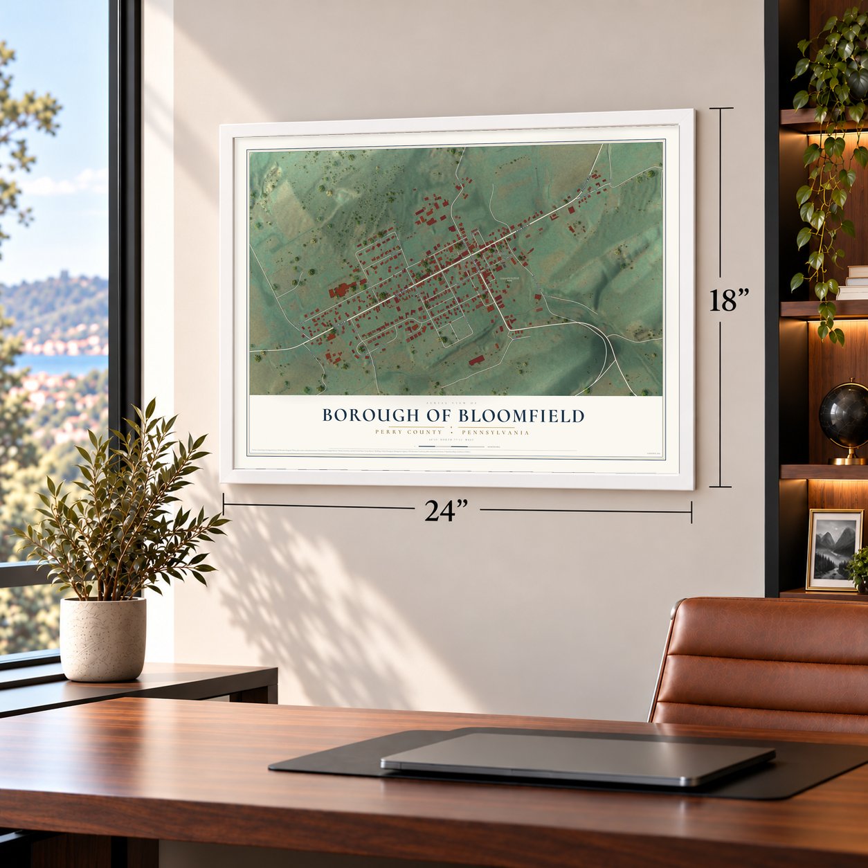 Borough of Bloomfield, Perry County, Pennsylvania map, 18 x 24 inch print in a white frame in a home office