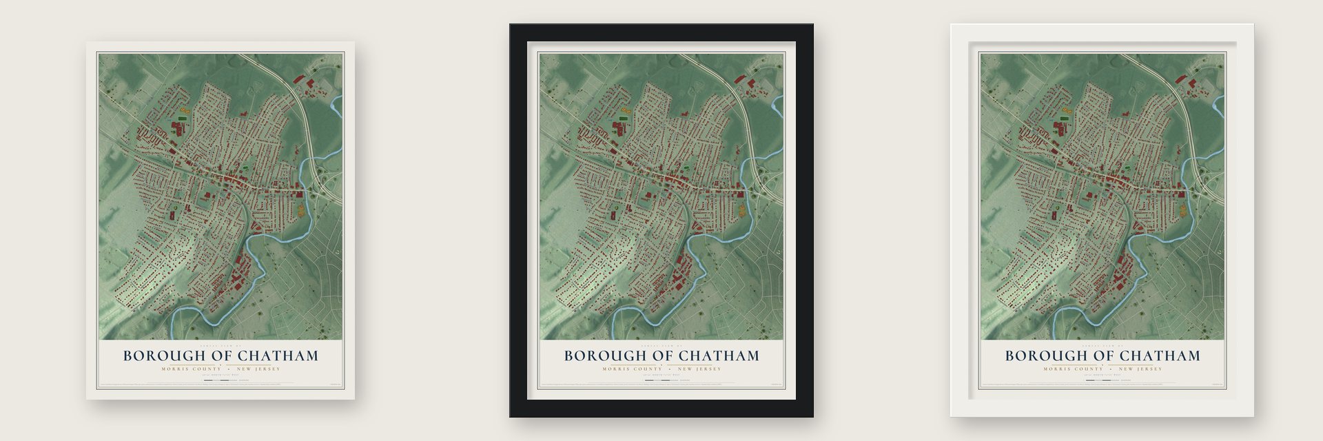 Borough of Chatham, Morris County, New Jersey map unframed, in a black wood frame and in a white wood frame