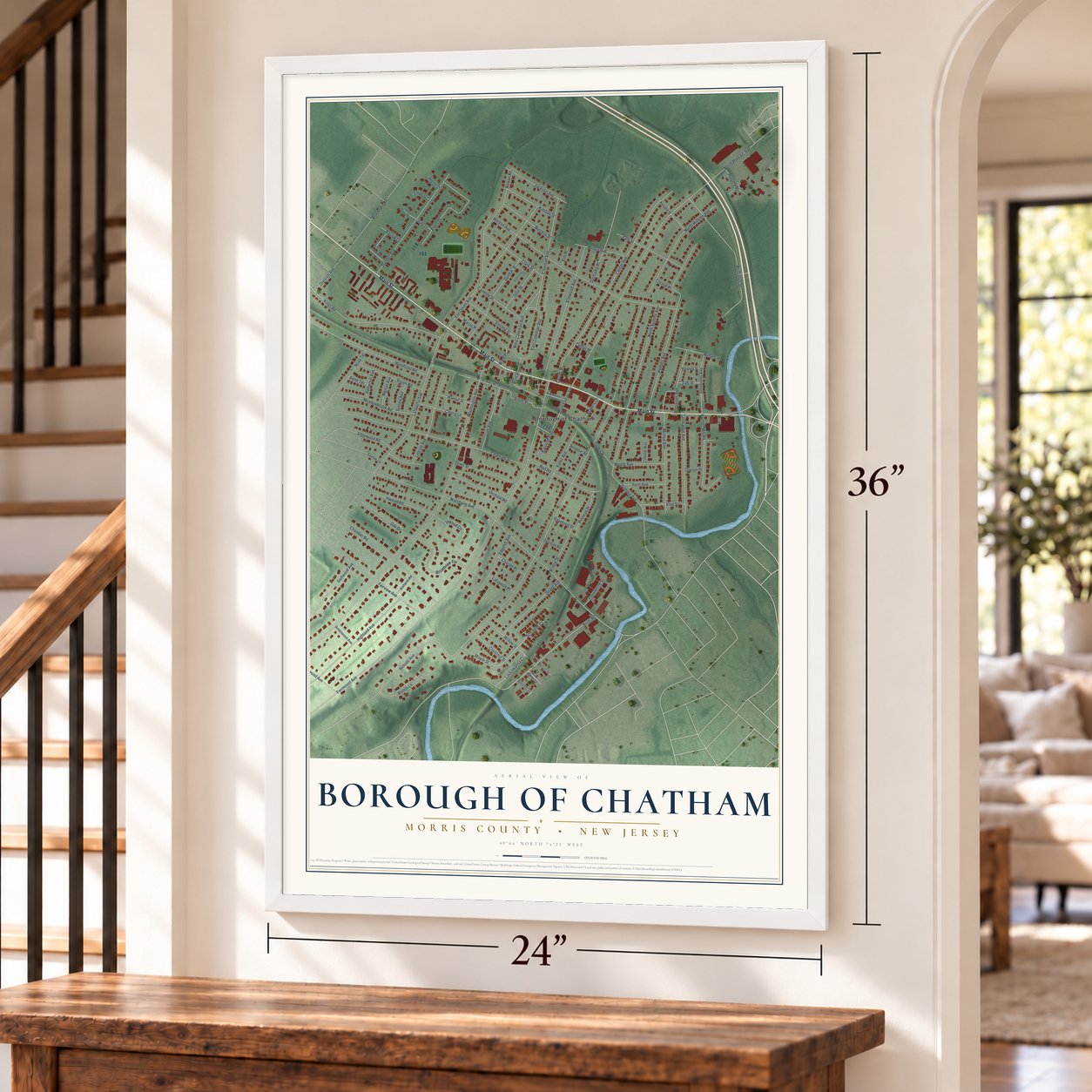 Borough of Chatham, Morris County, New Jersey map, 24 x 36 inch print in a white frame by a staircase