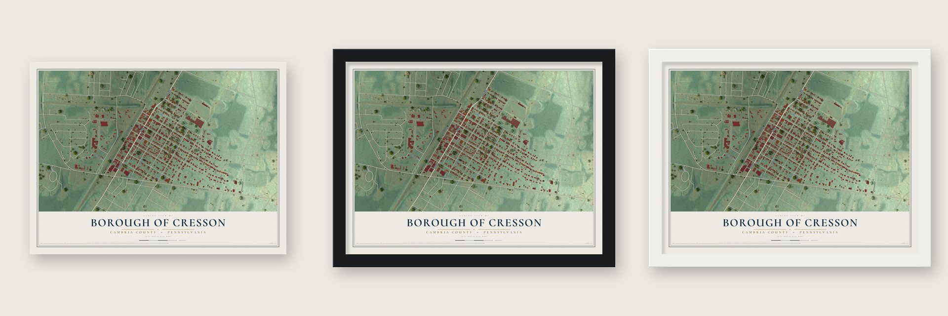 Borough of Cresson, Cambria County, Pennsylvania map unframed, in a black wood frame and in a white wood frame