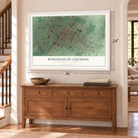 Borough of Cresson, Cambria County, Pennsylvania map, 24 x 36 inch print in a white frame above a dresser by a staircase